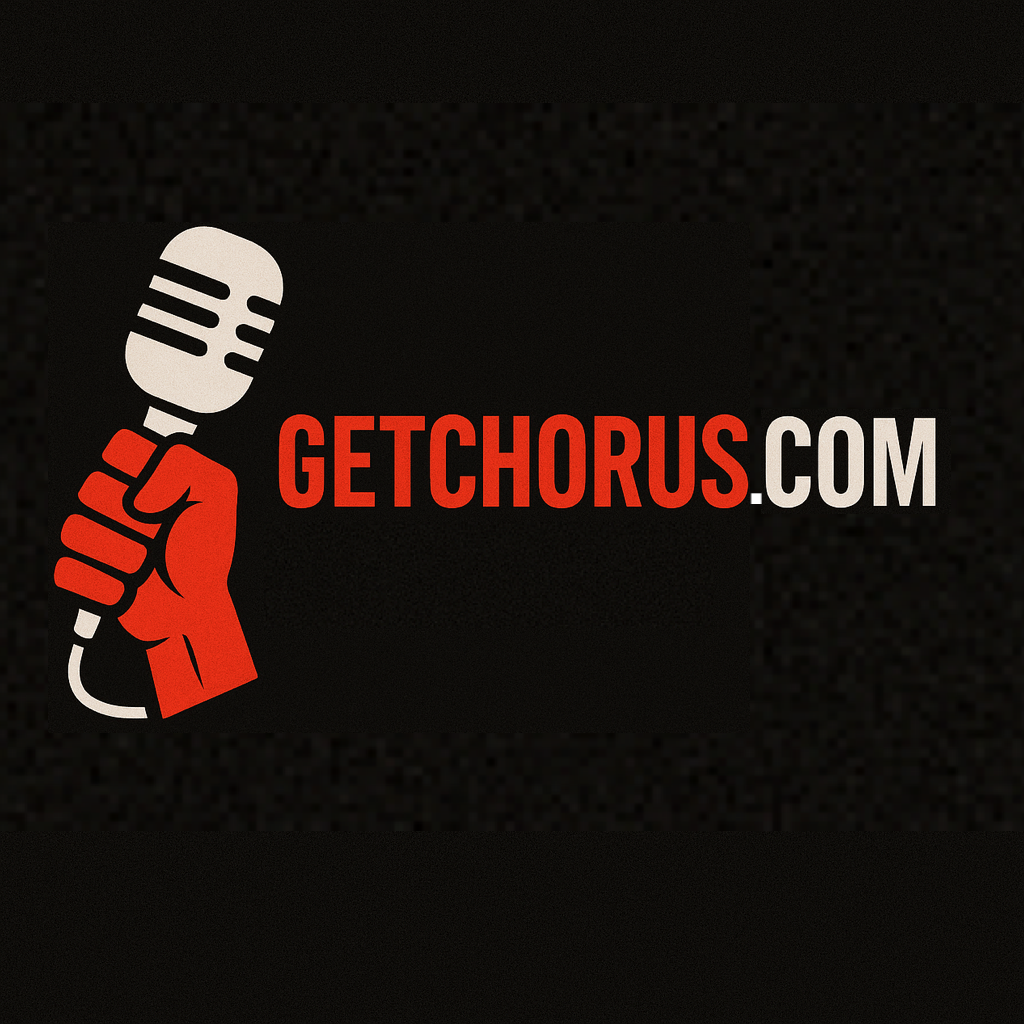 this is a logo with a red hand holding a classic microphone for the website getchorus.com